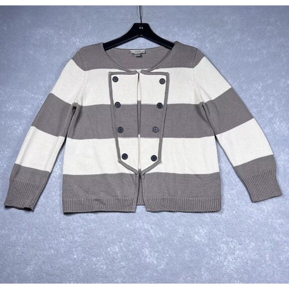 LOFT Sweater Womens Size Medium Off White Tan Stripe Knit Long Sleeve Buttons - Picture 1 of 14